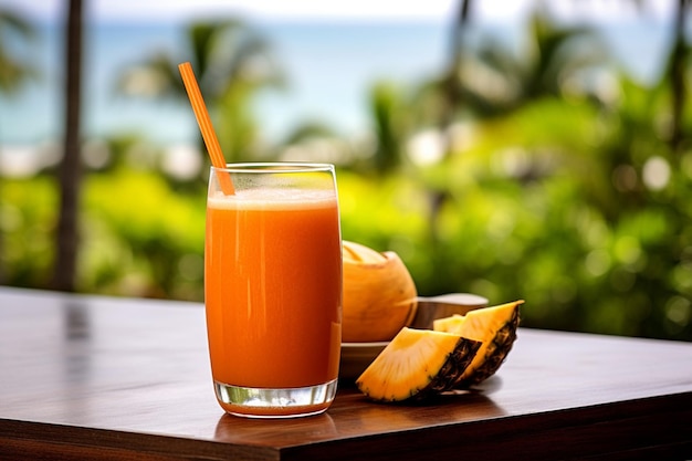 Carrot juice served in a glass with a slice of fig