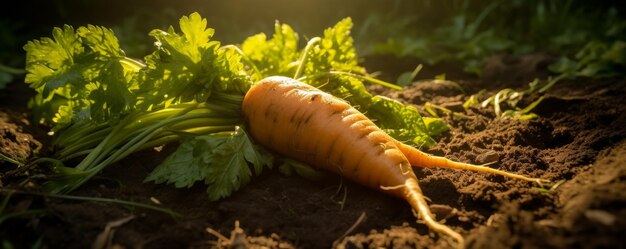 carrot lying on garden ground back light Carrot field