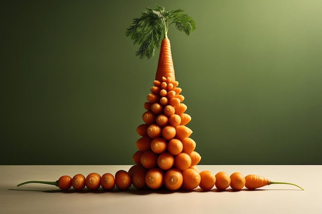 A carrot pyramid made of carrots with a leaf on top of it.