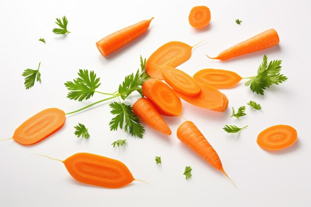 Photo carrot slices and parsley on white background