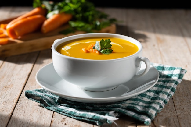 Carrot soup with cream and parsley on wooden table