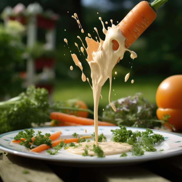 Carrot stick dipped in ranch dressing with splashes and waves