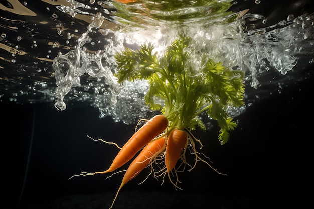 Carrot valt diep onder water met een grote spetter.