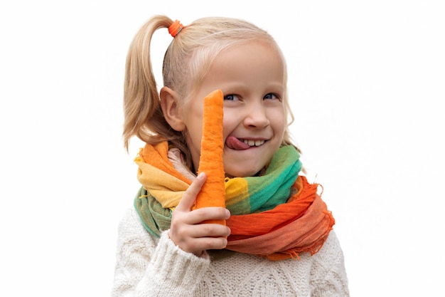 Carrot Vegetable for Children. Eco Organic Vegetables for Kids. Funny Little Girl with Carrot and To