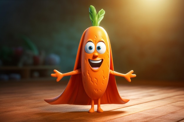 A carrot with a cape and a cape that says'carrots'on it