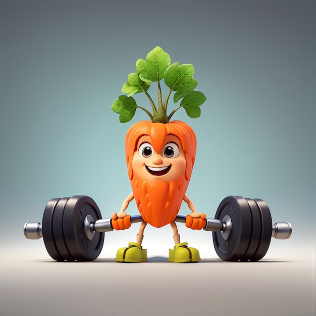 Photo a carrot with a green leaf on its head is holding a barbell