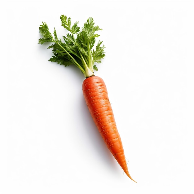 A carrot with a green top and a small leaf on the top.