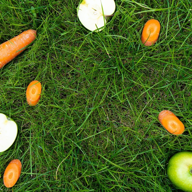 Carrots and apples scattered around in the grass top view