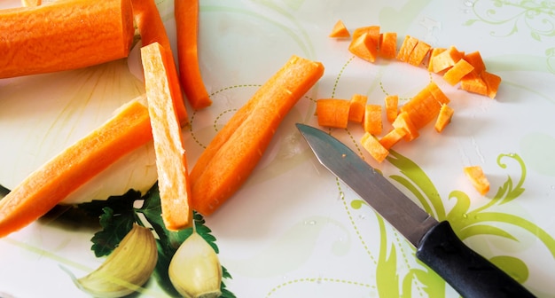 Carrots chopped into small pieces and strips