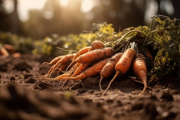 Carrots on the ground with the sun shining on them