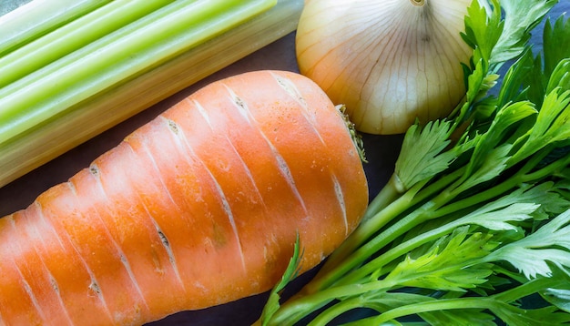 Photo carrots onions and celery and background