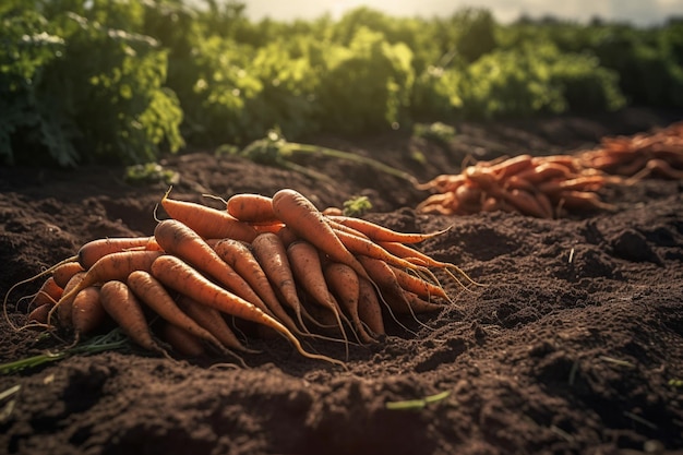 Carrots in the soil with the sun shining on them