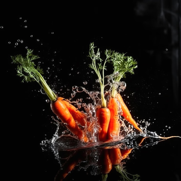 Морковь в брызгах воды на изолированном черном фоне