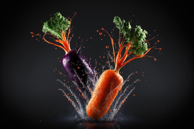 Carrots vegetables splash isolated on black background