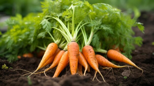 Carrots with vibrant hues in soil close up shot
