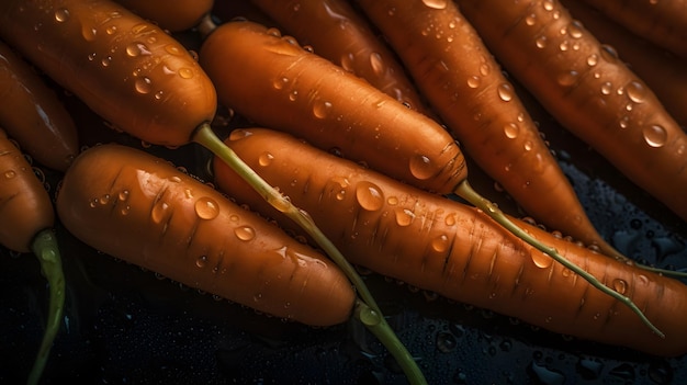 Carrots with water droplets on them on a black surface