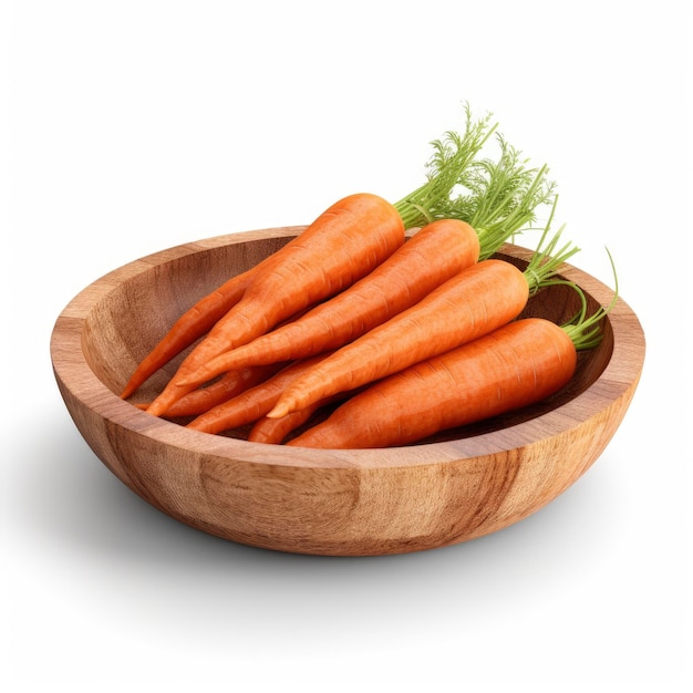 Carrots on wooden bowl isolated on white background