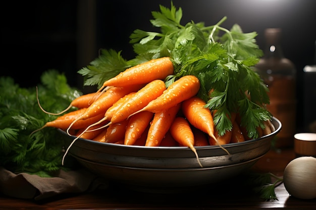 Carrots on wooden bowl