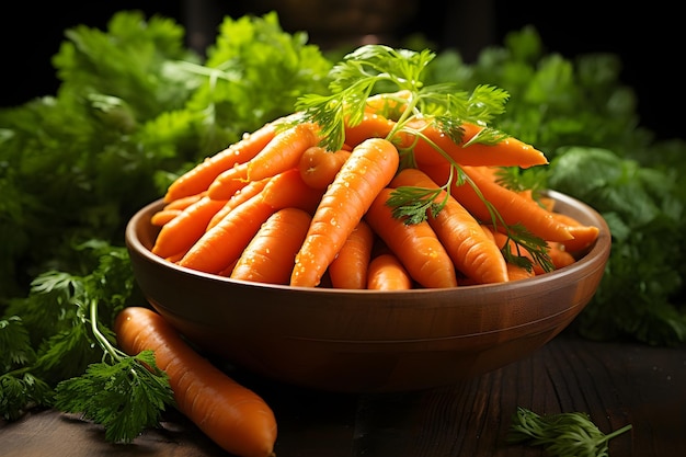 Carrots on wooden bowl