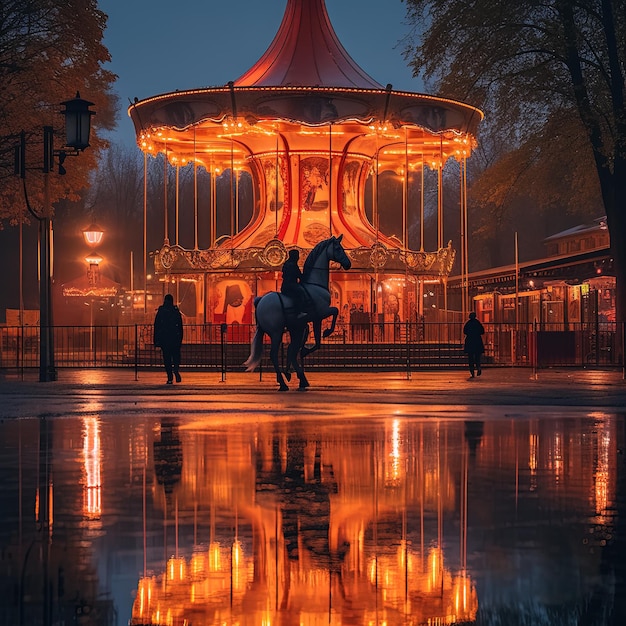 Carrousel 's nachts Paar rijden op een carrousel in het park 's nachts AI generatief