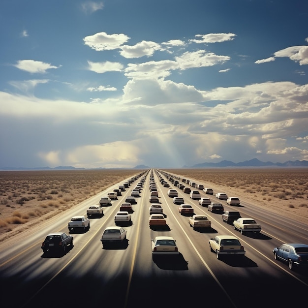 Foto le macchine stanno guidando lungo un'autostrada con un sacco di nuvole nel cielo generativa ai