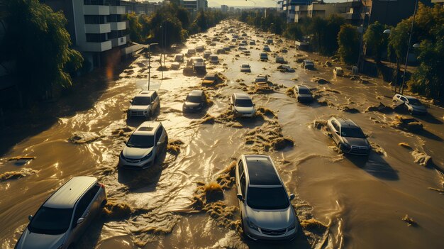 cars are driving through a flooded street in a city Generative AI