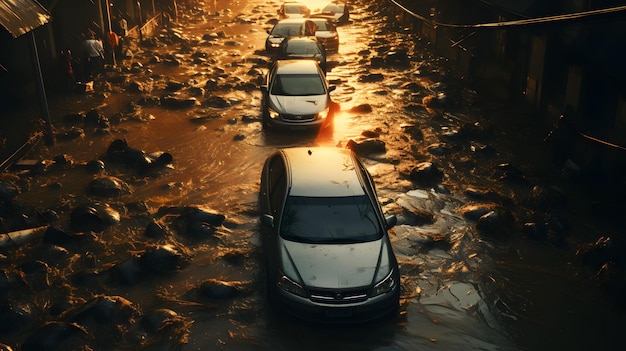 cars are parked in a flooded street in a city Generative AI