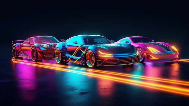 Cars in a bright neon style on a dark background