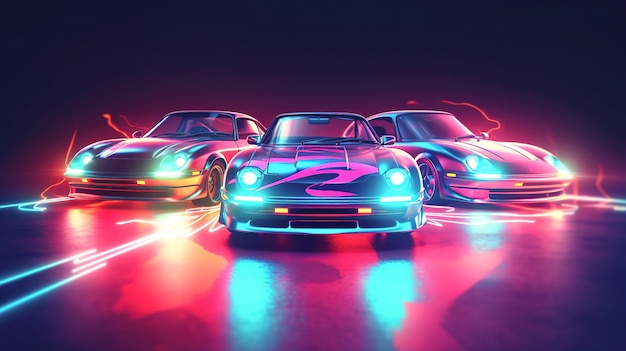 Cars in a bright neon style on a dark background