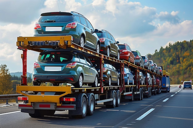 Cars carrier truck in the highway asphalt road