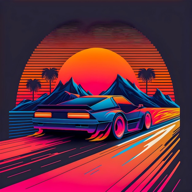 Cars and City Background Hand drawn Future style illustartion synthwave and retro style