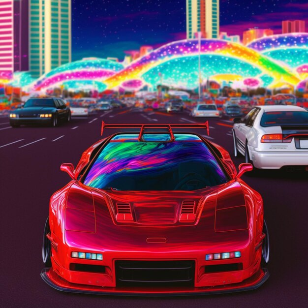 Cars driving on a city street with a rainbow colored background generative ai