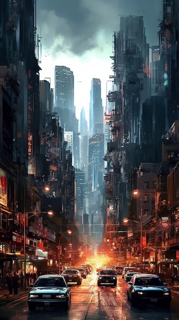 사진 고층 빌딩 생성 인공 지능으로 밤에 도시 거리를 운전하는 자동차
