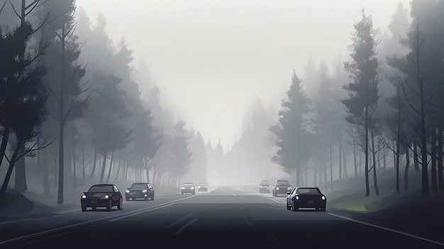 Автомобили едут по шоссе в туманную погоду, плохие погодные условия для транспорта Генерация ИИ