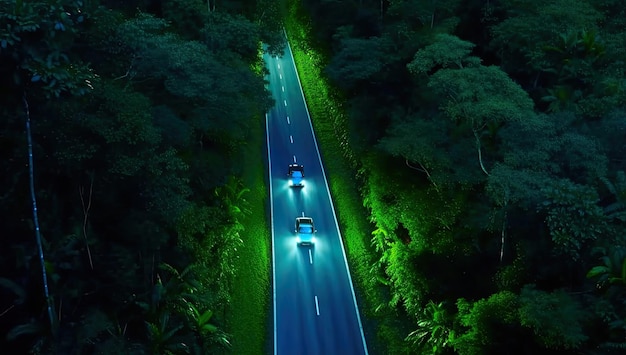 Photo cars driving on a road with a green light on the side