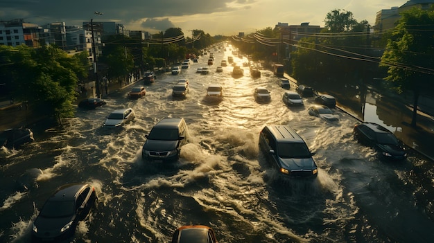 cars driving through a flooded street in a city during a sunset Generative AI