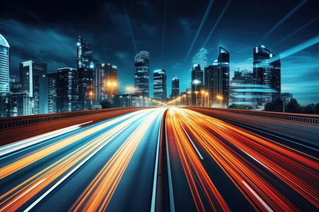 Cars headlamp trails with motion blur effect at night city street Colored lines on road with long exposure effect City silhouette with skyscrapers and road traffic at night