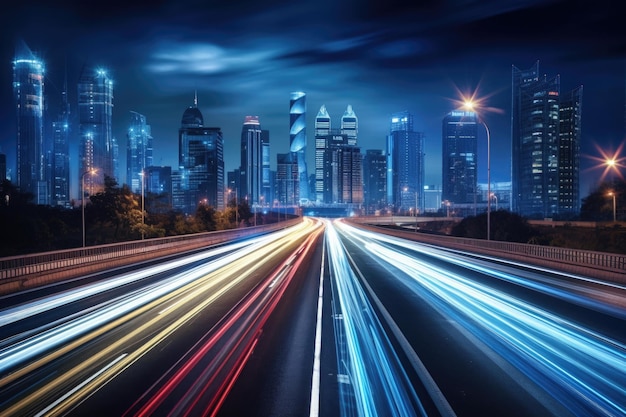 Cars headlamp trails with motion blur effect at night city street Colored lines on road with long exposure effect City silhouette with skyscrapers and road traffic at night