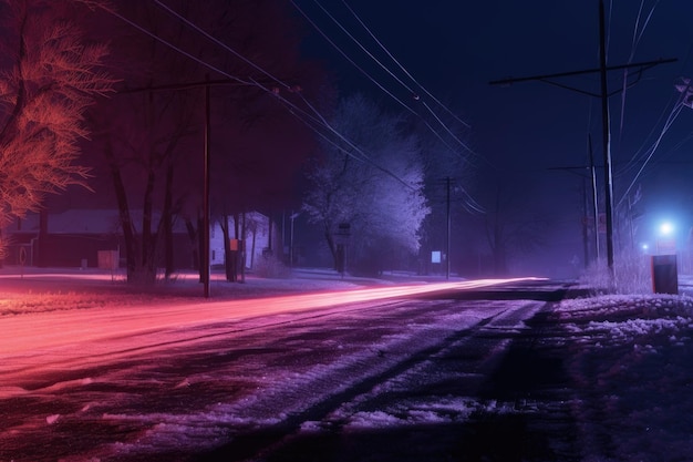 A cars headlights illuminating an icy road at night created with generative ai