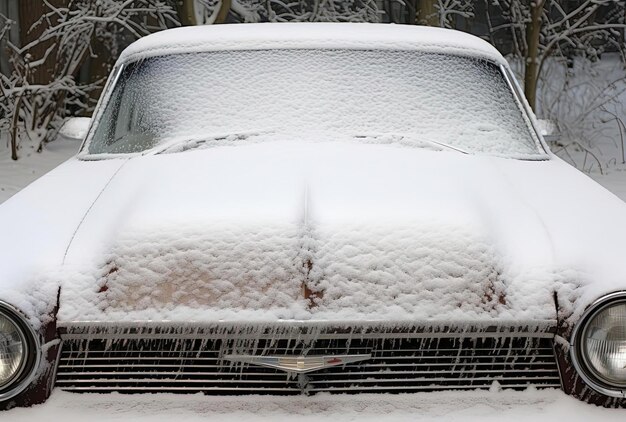 Photo a cars hood with snow all around it in the style of dark white and light beige