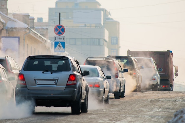 Cars on an ice city winter road