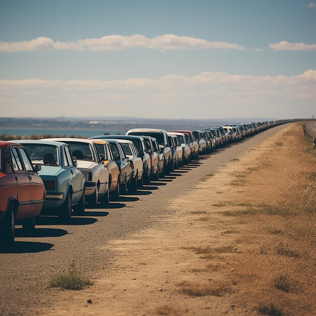 写真 道路のに車がきれいに並んでいます