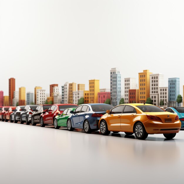 Photo cars lined up in a row in front of a city generative ai