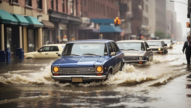洪水 に  ⁇ った 都市 の 通り を 運転 する 車