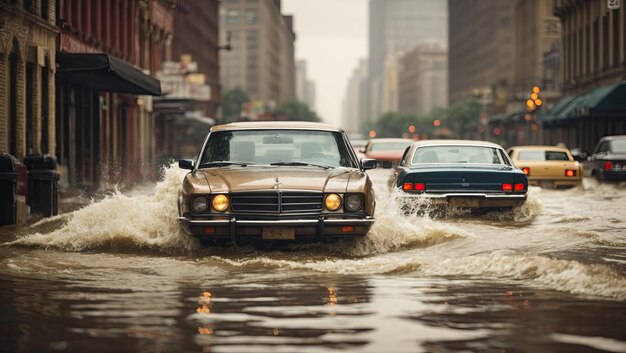 洪水 に  ⁇ った 都市 の 通り を 運転 する 車