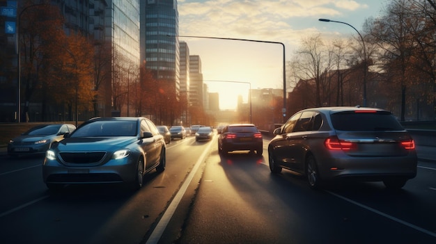 Cars navigate through city streets at dawn