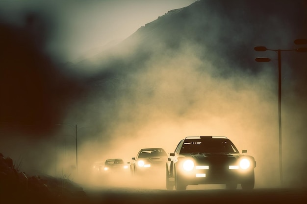 暗い霧の山の背景にヘッドライトが付いている夜の夜の車