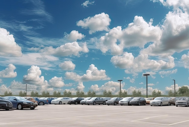 アスファルトの駐車場に駐車した車、木々、白い雲、青い空の背景、駐車場用の空きスペース、緑豊かな環境、自然、旅行、交通技術のコンセプトを持つ屋外駐車場