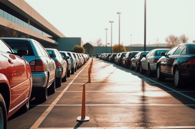 Cars parked in a parking lot with a yellow pole in the middle generative ai