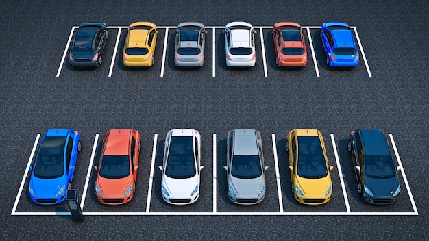 cars in parking lot 3d rendering